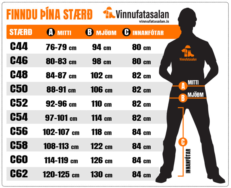 Stærðartafla fyrir Pesso vinnubuxur